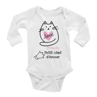 Grenouillère manches longues chat pour bébé à personnaliser
