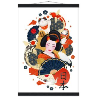 Kakemono Geisha japonaise entourée de carpes colorées