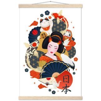 Kakemono Geisha japonaise entourée de carpes colorées