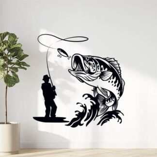 Sticker autocollant pêcheur et poisson