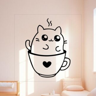Sticker autocollant chat manga dans la tasse