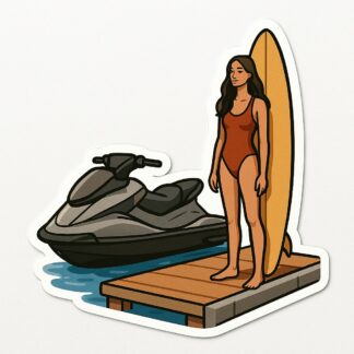 Autocollant Je veux un autocollant sur le quai d'un port avec un jet ski gris et à côté une fille sur une planche de surf, grande, mince et brune. décoration decostickerstore - C874XY