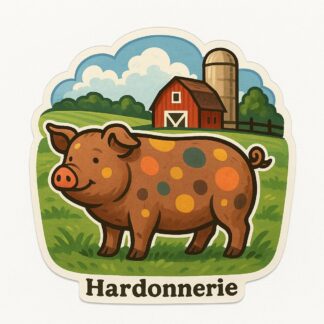 Autocollant Un cochon marron avec des ronds en couleurs sur lui dans un champ vert et une ferme derrière lui et écrit Hardonnerie en bas de l'autocollant. décoration decostickerstore - 1E6SRH
