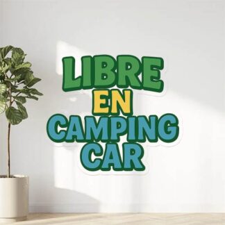Autocollant texte "libre en camping car" stylisé comprenant du vert jaune et bleu décoration decostickerstore - AK9YAD