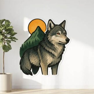 Autocollant Loup gris avec une montagne verte et un soleil décoration decostickerstore - ALS15O