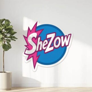 Autocollant Écrit Shezow en blanc avec des pics tout autour du S avec un rond bleu tout autour du mot décoration decostickerstore - HLHDQ1