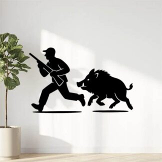 Sticker autocollant un chasseur poursuivi par un sanglier décoration decostickerstore - HXKERE