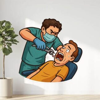 Autocollant Dentiste qui arrache une dent, son patient est sur le fauteuil et le dentiste tire de toutes ses forces. décoration decostickerstore - WWKOYS