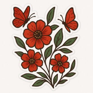 Autocollant fleurs et papillons rouge décoration decostickerstore - NU1FBK
