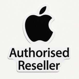 Autocollant logo apple noir avec marqué en lettre en desous Authorised Reseller sur fond blanc décoration decostickerstore - QJEXAX