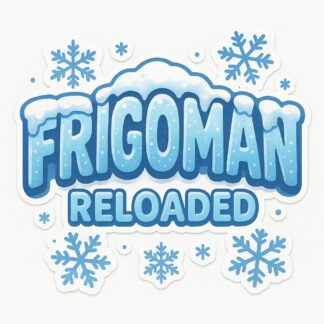 Autocollant text FRIGOMAN en lettres arrondies givrée avec de neige dessus en dessous le text en plus petit Reloaded le tout entouré de flocons décoration decostickerstore - 9NKJ6G