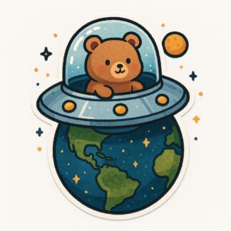 Autocollant un ours dans une soucoupe volante autour de la terre décoration decostickerstore - KCVVN7