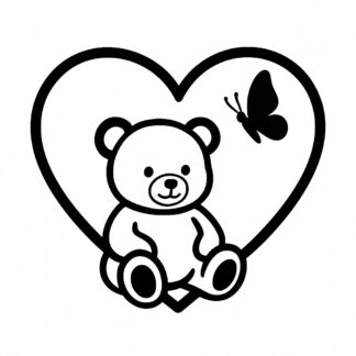 Sticker autocollant contour cœur avec un ours adorable assis dedans et un papillon mignon décoration decostickerstore - JSXVE7