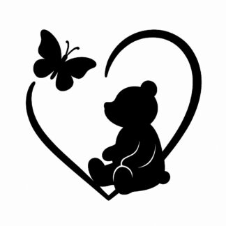 Sticker autocollant contour d'un cœur avec un ours assis et un papillon décoration decostickerstore - N1DSPM