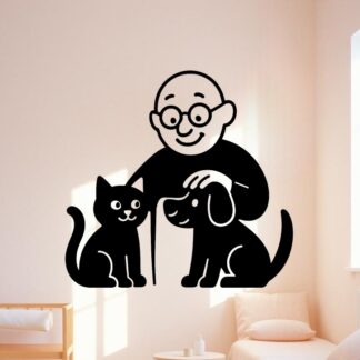 Sticker autocollant petit homme chauve avec lunettes comique et gentil avec chat et chien décoration decostickerstore - 5UTH6A
