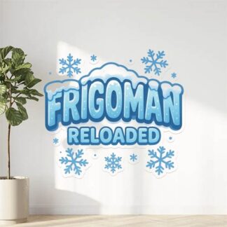 Autocollant text FRIGOMAN en lettres arrondies givrée avec de neige dessus en dessous le text en plus petit Reloaded le tout entouré de flocons décoration decostickerstore - 9NKJ6G
