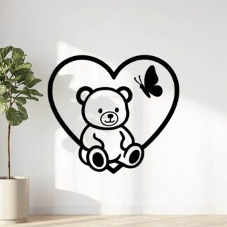 Sticker autocollant contour cœur avec un ours adorable assis dedans et un papillon mignon décoration decostickerstore - JSXVE7
