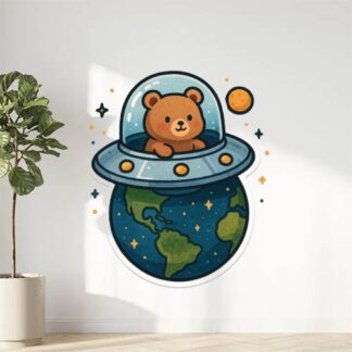 Autocollant un ours dans une soucoupe volante autour de la terre décoration decostickerstore - KCVVN7