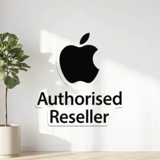 Autocollant logo apple noir avec marqué en lettre en desous Authorised Reseller sur fond blanc décoration decostickerstore - QJEXAX