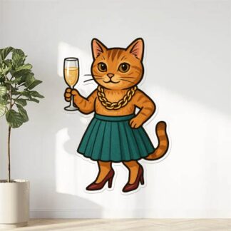Autocollant un chat avec une jupe, des hauts talons, une chaîne en or qui tient un verre de champagne décoration decostickerstore - XFA2ZZ