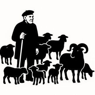 Sticker autocollant berger provençal DE 70 ANS avec un béret, sans cape, avec 5 brebis, 3 agneaux, 2 moutons et un bélier décoration decostickerstore - ZVF50A