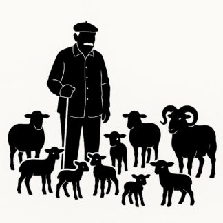 Sticker autocollant berger provençal DE 75 ANS EN CHEMISE avec un béret, avec 6 brebis, 3 agneaux, 2 moutons et un bélier décoration decostickerstore - DWJFBE