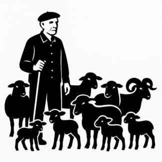 Sticker autocollant berger provençal DE 75 ANS SANS MOUSTACHE? EN CHEMISE avec un béret, avec 6 brebis, 3 agneaux, 2 moutons et un bélier décoration decostickerstore - TZAOT0