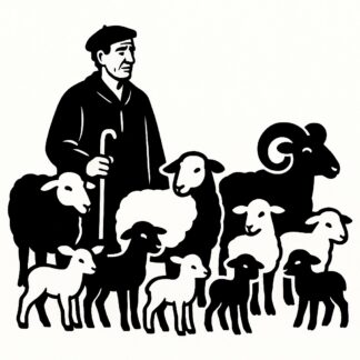 Sticker autocollant berger provençal avec un béret et une chemise, avec 4 brebis, 3 agneaux, 2 moutons et un bélier décoration decostickerstore - V5OQ4U