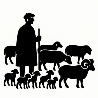 Sticker autocollant berger provençal avec un béret, sans cape, avec 5 brebis, 3 agneaux, 2 moutons et un bélier décoration decostickerstore - NUGT7K