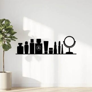 Sticker autocollant 12 parfums et flacon chanel et produits cosmétiques et miroir sur une ligne horizontale noire décoration decostickerstore - 4GRMIR