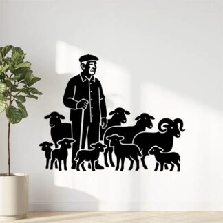 Sticker autocollant berger provençal DE 70 ANS EN CHEMISE avec un béret, avec 6 brebis, 3 agneaux, 2 moutons et un bélier décoration decostickerstore - BT3VJK