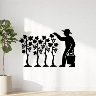 Sticker autocollant vendangeur avec seau rang de 4 ceps de vignes décoration decostickerstore - CRZY1L