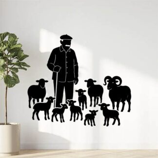 Sticker autocollant berger provençal DE 75 ANS EN CHEMISE avec un béret, avec 6 brebis, 3 agneaux, 2 moutons et un bélier décoration decostickerstore - DWJFBE