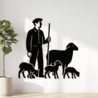 Sticker autocollant UN AUTRE berger provençal SANS BARBE DEBOUT avec un béret et une chemise AVEC MOUTONS AGNEAUX décoration decostickerstore - GKUCY6