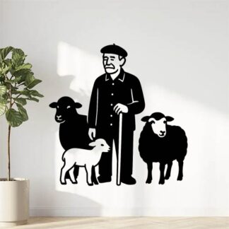 Sticker autocollant berger provençal de 70 ans EN CHEMISE, avec un béret, avec 1 brebis, 1 agneau, 1 mouton décoration decostickerstore - HTPZ2Z