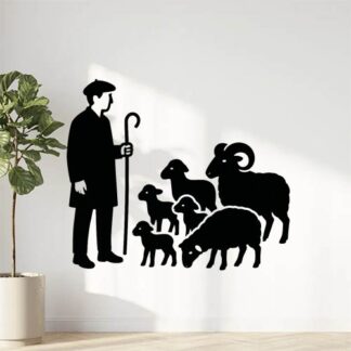 Sticker autocollant berger provençal avec un béret et sans cape, avec brebis, agneaux, moutons et un bélier décoration decostickerstore - NGUVUT