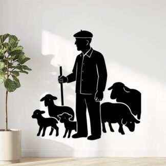 Sticker autocollant berger provençal 70 ANS SANS BARBE DEBOUT avec un béret et une chemise AVEC MOUTONS AGNEAUX décoration decostickerstore - RVOYWD