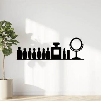 Sticker autocollant 12 parfums et flacon chanel et produits beauté et miroir sur une ligne noire décoration decostickerstore - SNG77K