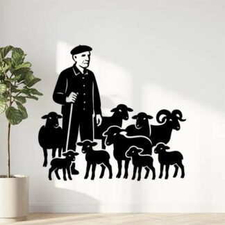Sticker autocollant berger provençal DE 75 ANS SANS MOUSTACHE? EN CHEMISE avec un béret, avec 6 brebis, 3 agneaux, 2 moutons et un bélier décoration decostickerstore - TZAOT0