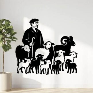 Sticker autocollant berger provençal avec un béret et une chemise, avec 4 brebis, 3 agneaux, 2 moutons et un bélier décoration decostickerstore - V5OQ4U