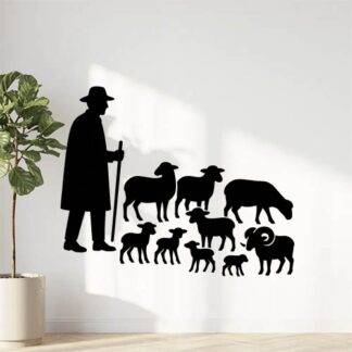Sticker autocollant berger provençal sans cape, avec 5 brebis, 3 agneaux, 2 moutons et un bélier décoration decostickerstore - VAFHFO