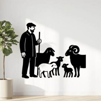 Sticker autocollant berger provençal avec un béret et une chemise, avec brebis, agneaux, moutons et un bélier décoration decostickerstore - VQ6SB4