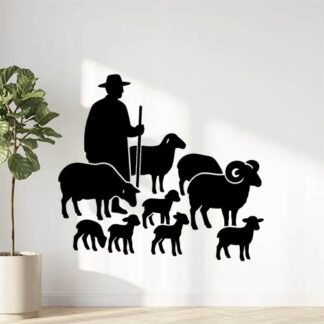 Sticker autocollant berger provençal sans cape, avec 4 brebis, 3 agneaux, 2 moutons et un bélier décoration decostickerstore - XLD7D0