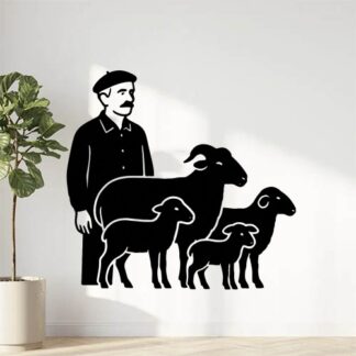 Sticker autocollant berger provençal DE 75 ANS SANS MOUSTACHE EN CHEMISE avec un béret, avec 1 brebis, 1 agneau, 1 mouton et 1 bélier décoration decostickerstore - XW63KC