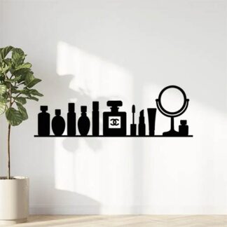 Sticker autocollant 12 parfums et flacon chanel et produits cosmétiques et miroir sur une même ligne noire décoration decostickerstore - YLO3XA