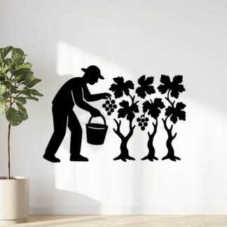 Sticker autocollant vendangeur avec seau rang de 4 souches, ceps de vignes décoration decostickerstore - WFCOMD